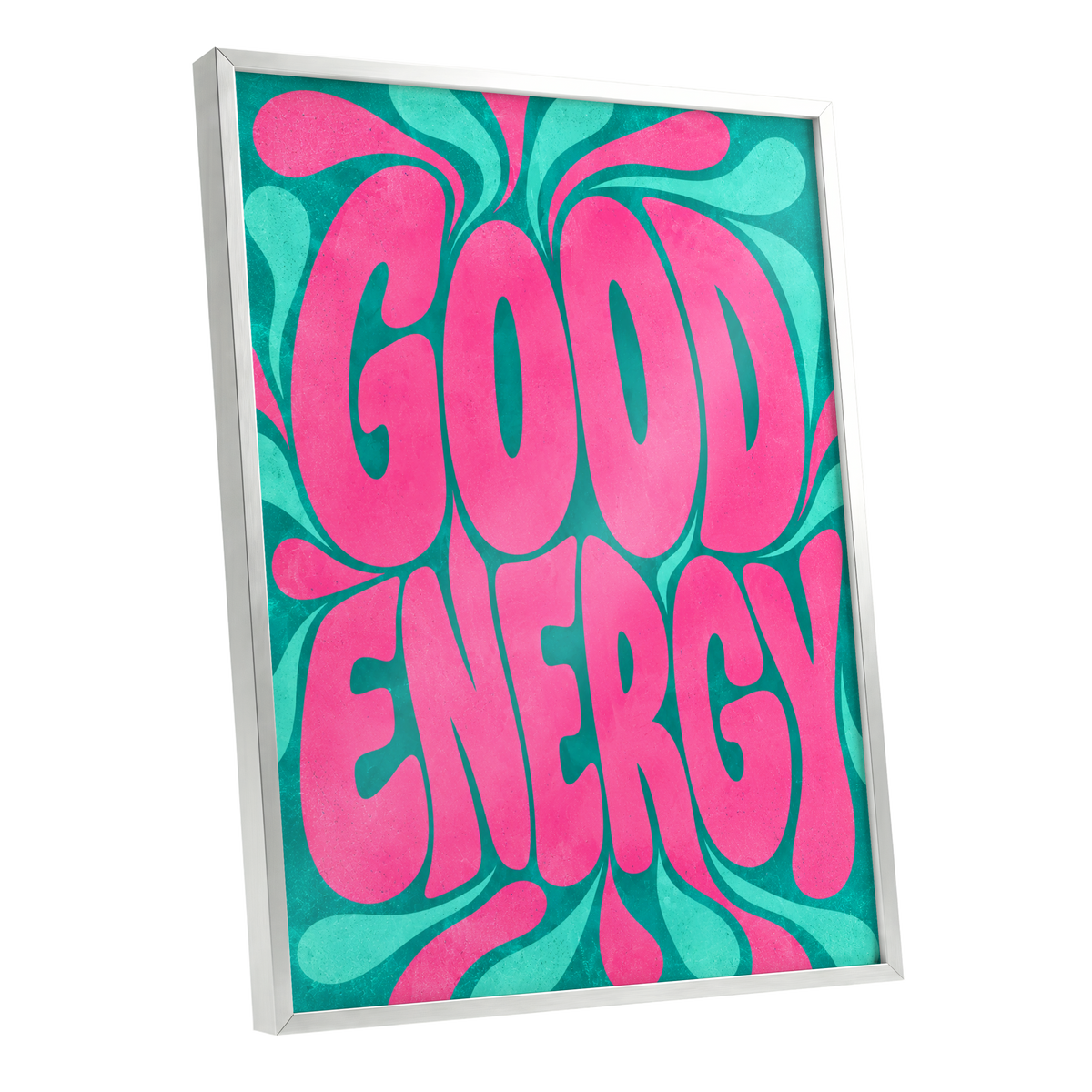 Good Energy Groove, pink, green abstract wall art shown as a silver framed poster wall art print
