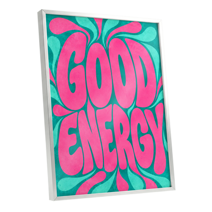 Good Energy Groove, pink, green abstract wall art shown as a silver framed poster wall art print