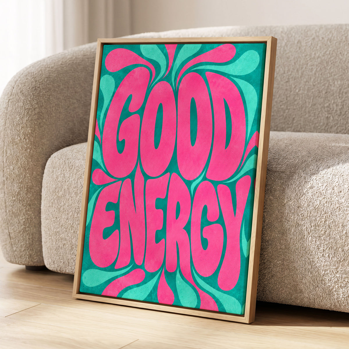 Good Energy Groove, pink, green abstract wall art displayed in a styled interior, gallery view 1