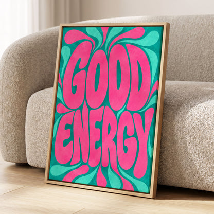 Good Energy Groove, pink, green abstract wall art displayed in a styled interior, gallery view 1