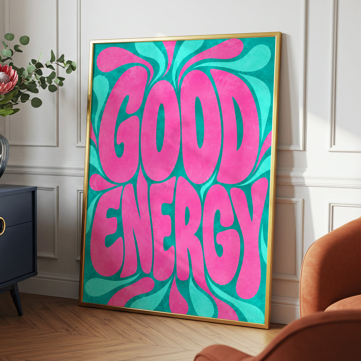 Good Energy Groove, pink, green abstract wall art displayed in a styled interior, gallery view 2