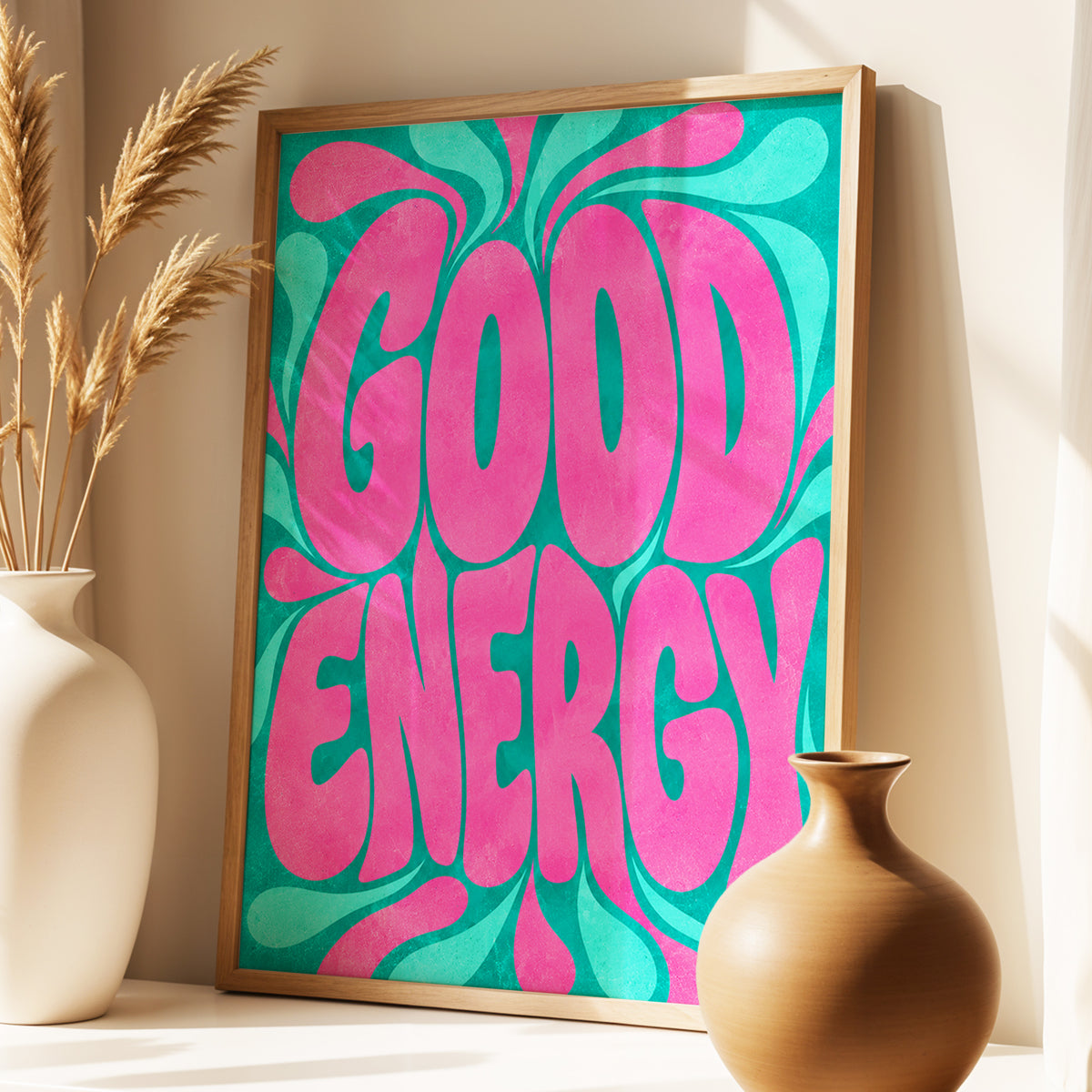 Good Energy Groove, pink, green abstract wall art displayed in a styled interior, gallery view 3