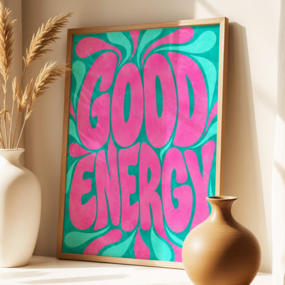 Good Energy Groove, pink, green abstract wall art displayed in a styled interior, gallery view 3