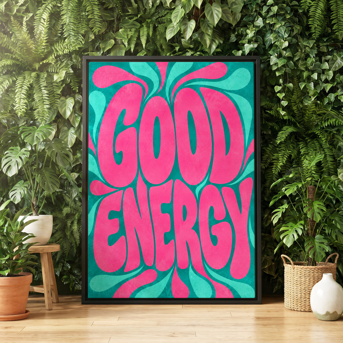 Good Energy Groove, pink, green abstract wall art displayed in a styled interior, gallery view 4