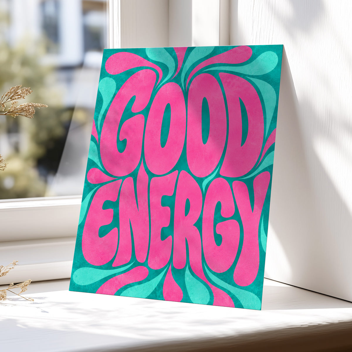 Good Energy Groove, pink, green abstract wall art displayed in a styled interior, gallery view 5