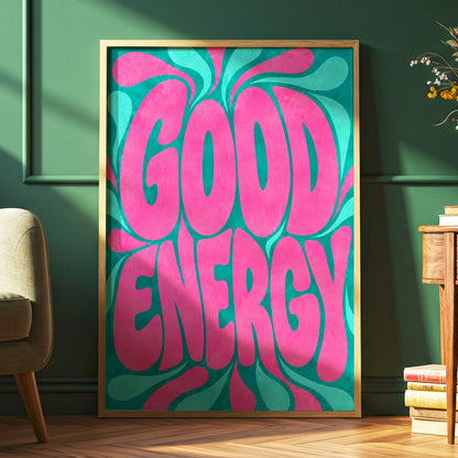 Good Energy Groove, pink, green abstract wall art displayed in a styled interior, gallery view 6