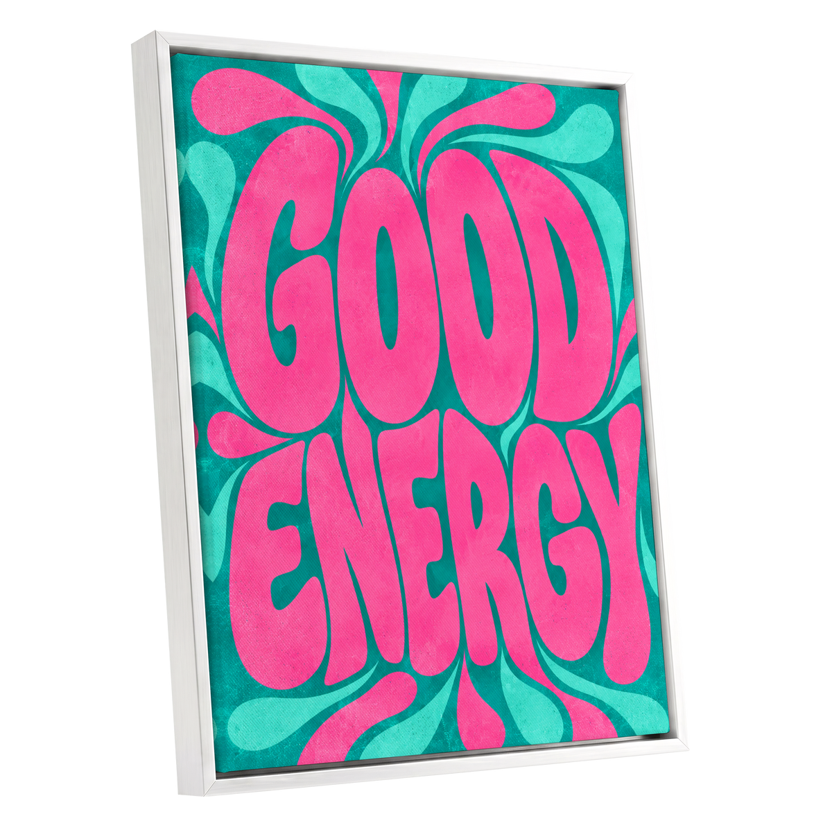 Good Energy Groove, pink, green abstract wall art shown as a white framed canvas wall art