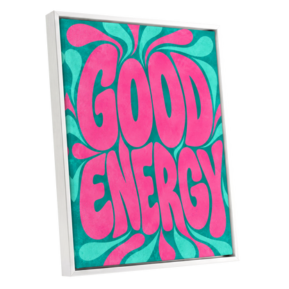 Good Energy Groove, pink, green abstract wall art shown as a white framed canvas wall art