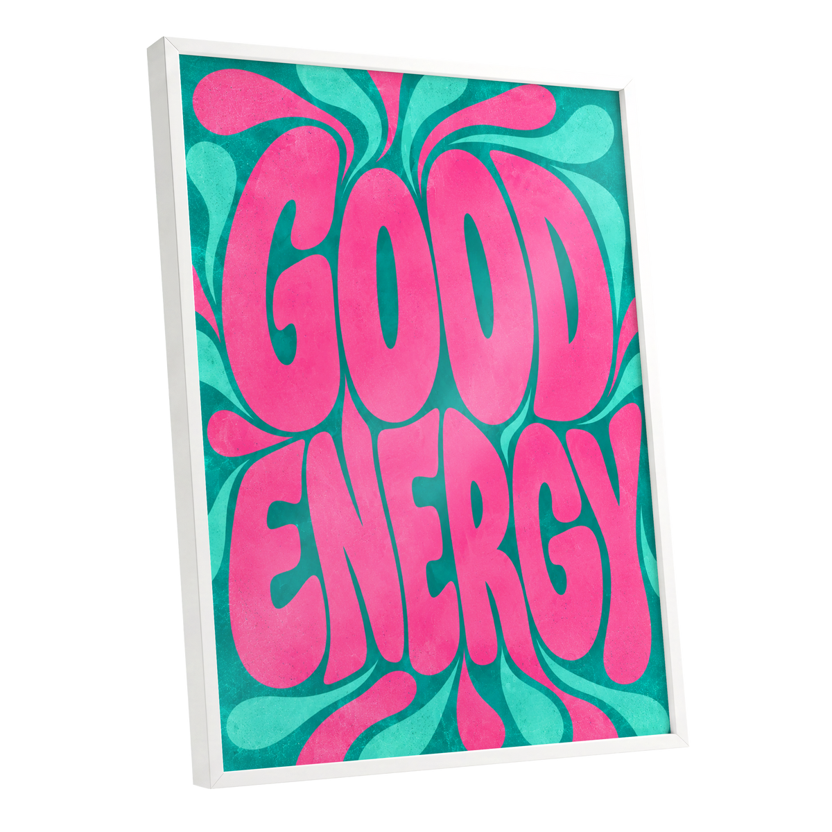 Good Energy Groove, pink, green abstract wall art shown as a white framed poster wall art print