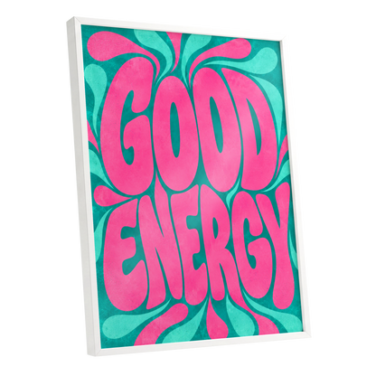 Good Energy Groove, pink, green abstract wall art shown as a white framed poster wall art print