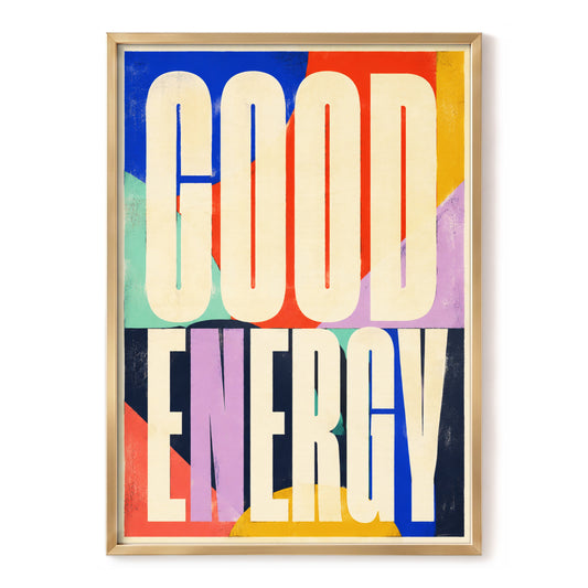 Good Energy Type, beige, blue, red abstract wall art, front artwork view