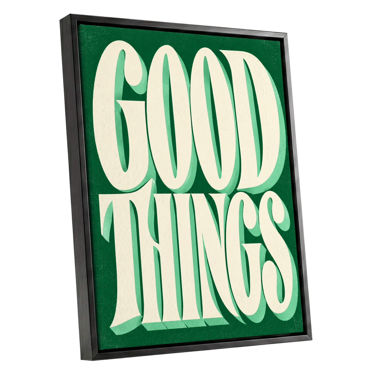 Good Things in Green, green, beige abstract wall art shown as a black framed canvas wall art