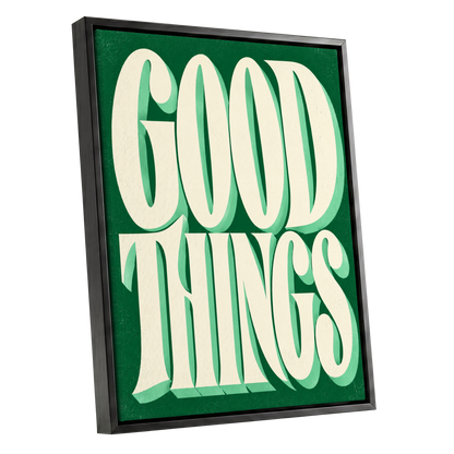 Good Things in Green, green, beige abstract wall art shown as a black framed canvas wall art