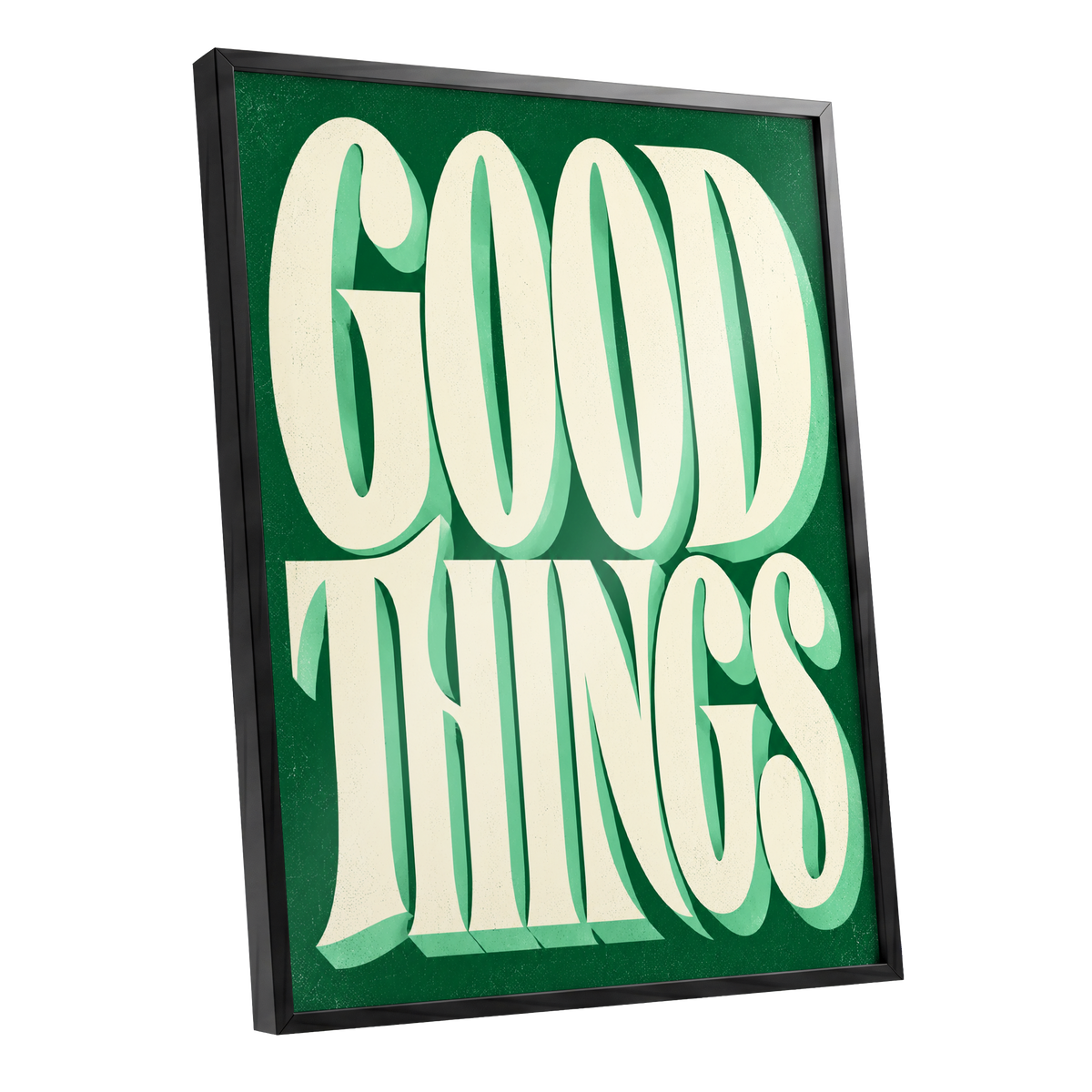 Good Things in Green, green, beige abstract wall art shown as a black framed poster wall art print