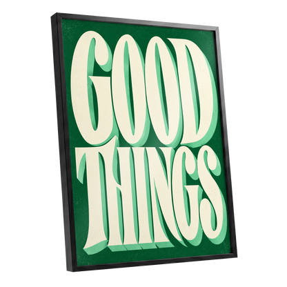 Good Things in Green, green, beige abstract wall art shown as a black framed poster wall art print
