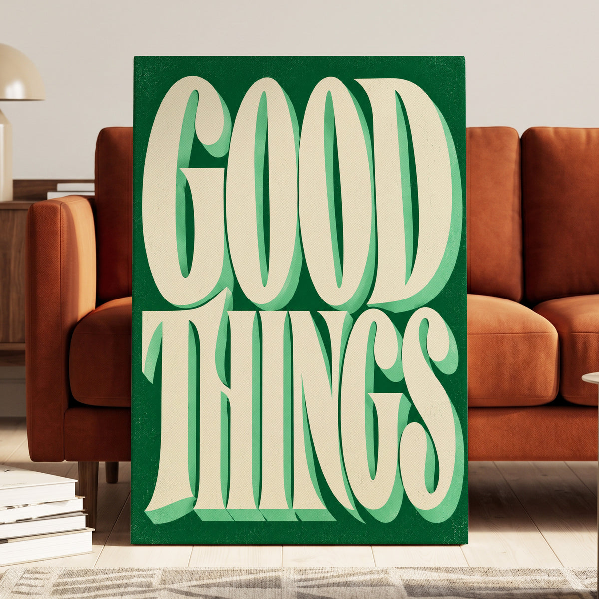 Good Things in Green, green, beige abstract wall art on canvas displayed in a styled interior, gallery view 1