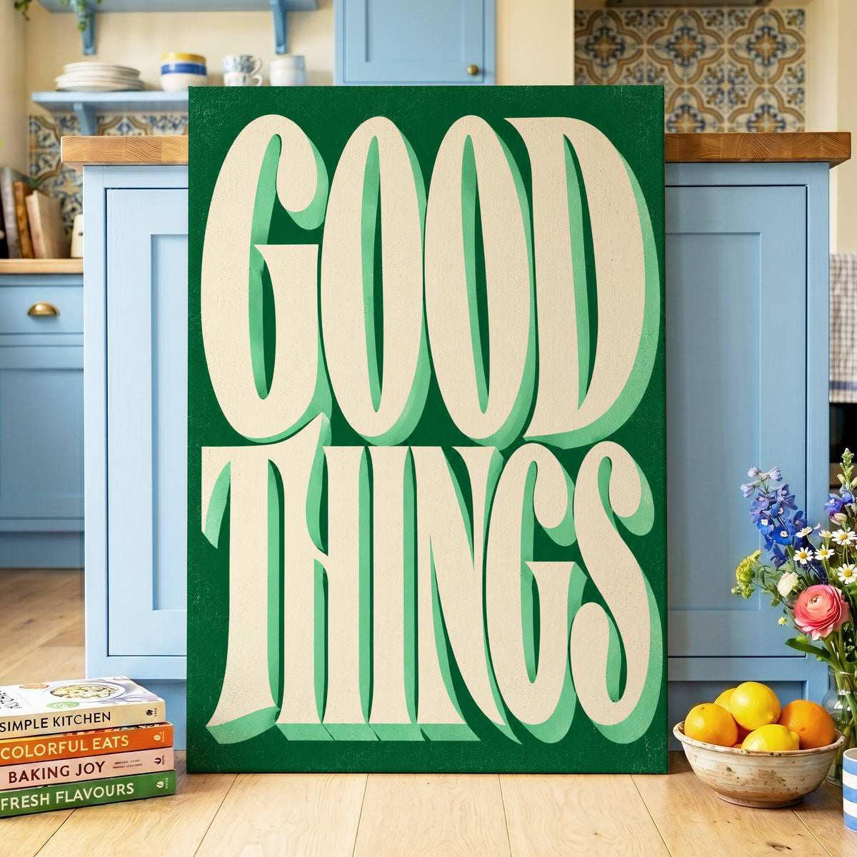 Good Things in Green, green, beige abstract wall art on canvas displayed in a styled interior, gallery view 2