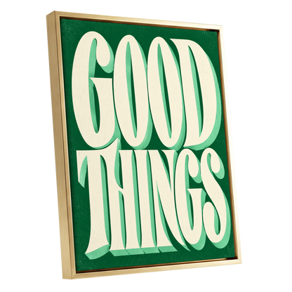 Good Things in Green, green, beige abstract wall art shown as a gold framed canvas wall art
