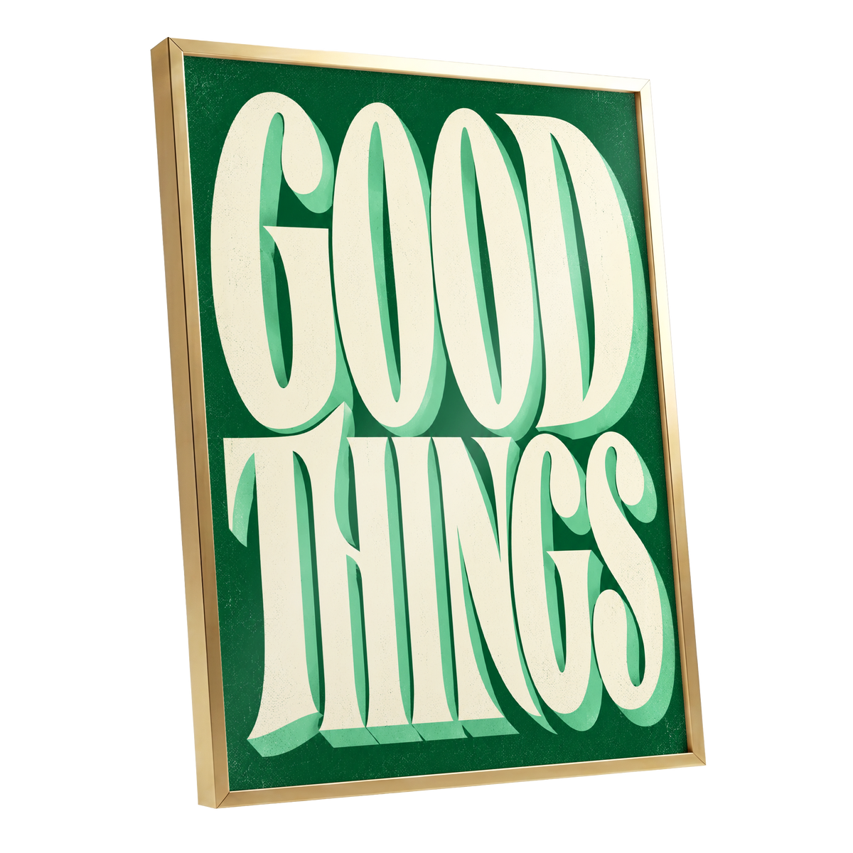Good Things in Green, green, beige abstract wall art shown as a gold framed poster wall art print