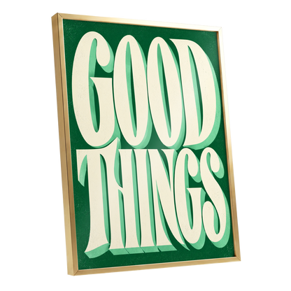 Good Things in Green, green, beige abstract wall art shown as a gold framed poster wall art print