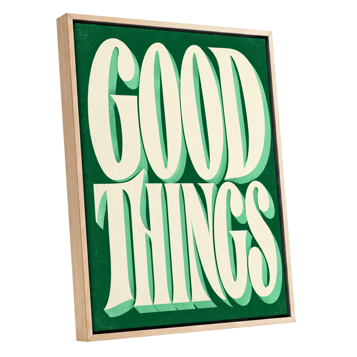 Good Things in Green, green, beige abstract wall art shown as a oak framed canvas wall art