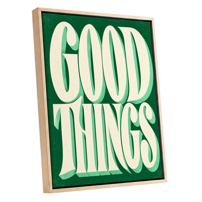 Good Things in Green, green, beige abstract wall art shown as a oak framed canvas wall art