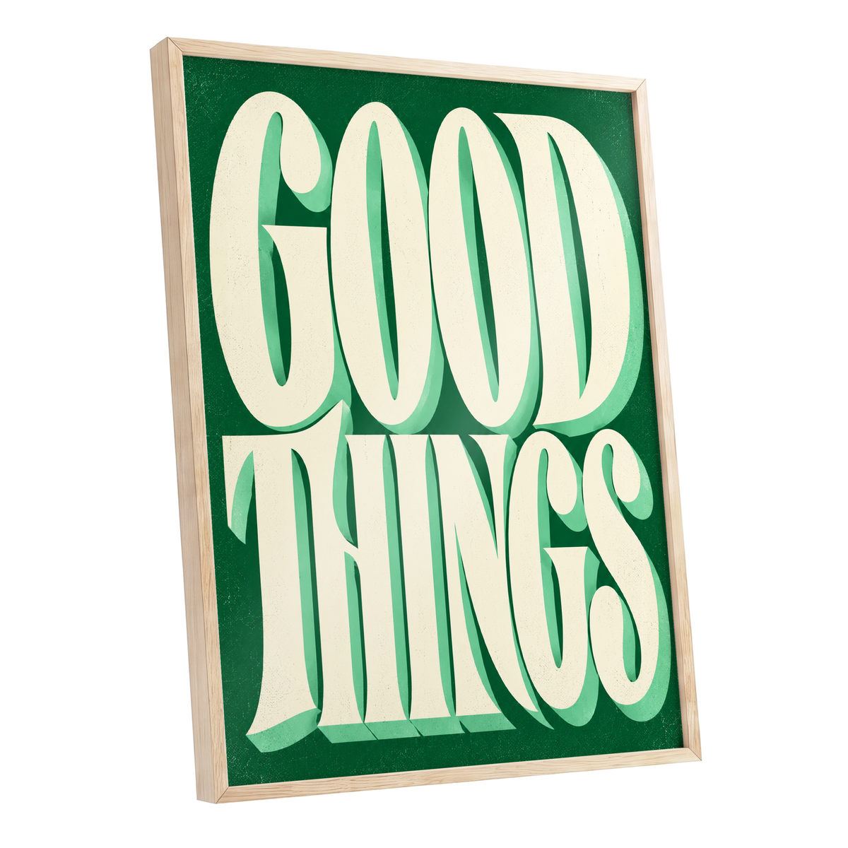 Good Things in Green, green, beige abstract wall art shown as a oak framed poster wall art print