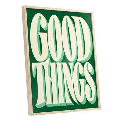 Good Things in Green, green, beige abstract wall art shown as a oak framed poster wall art print