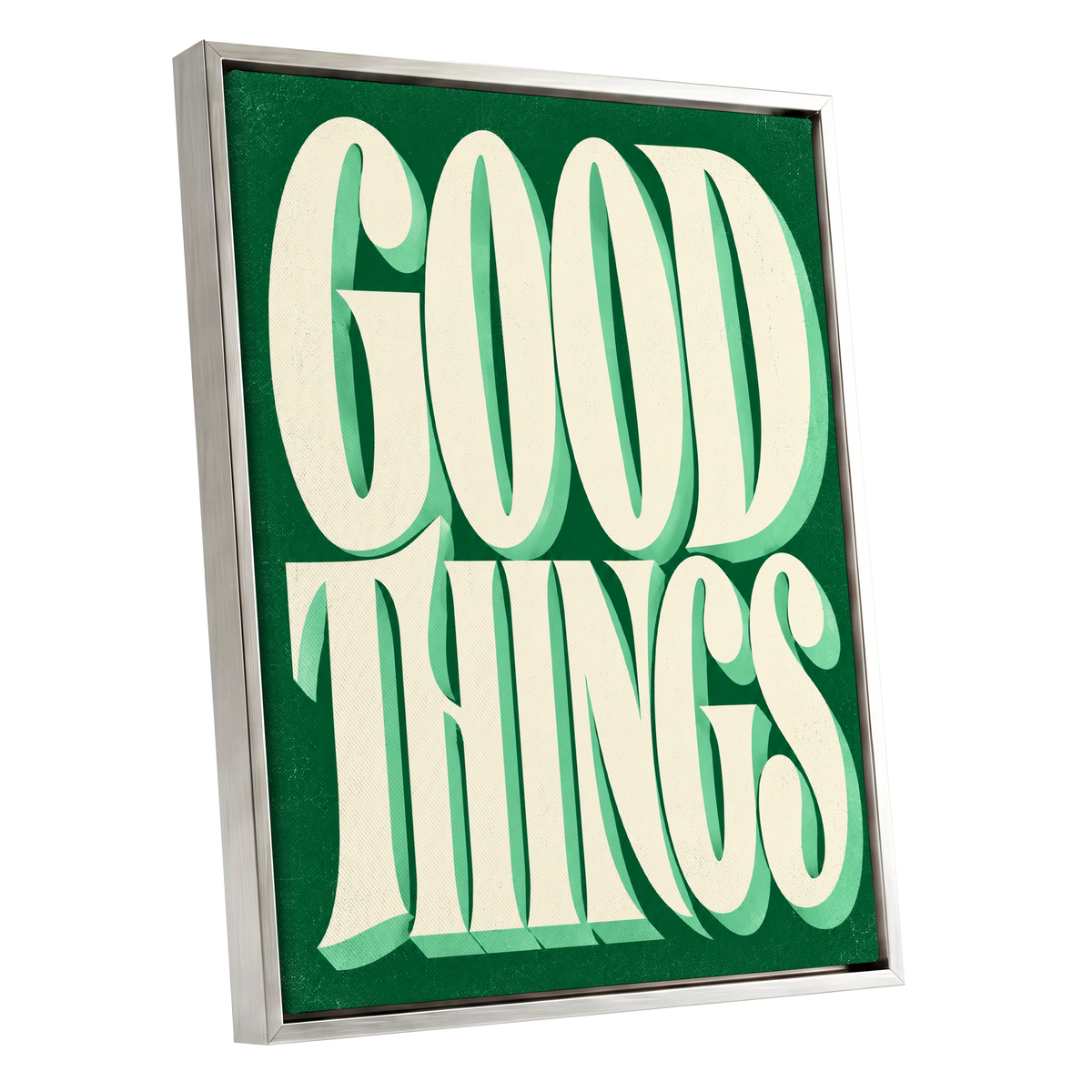 Good Things in Green, green, beige abstract wall art shown as a silver framed canvas wall art