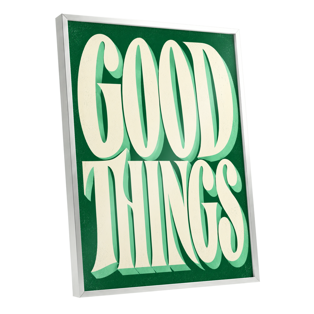 Good Things in Green, green, beige abstract wall art shown as a silver framed poster wall art print