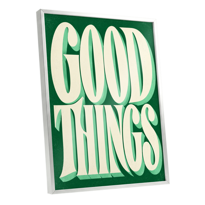 Good Things in Green, green, beige abstract wall art shown as a silver framed poster wall art print