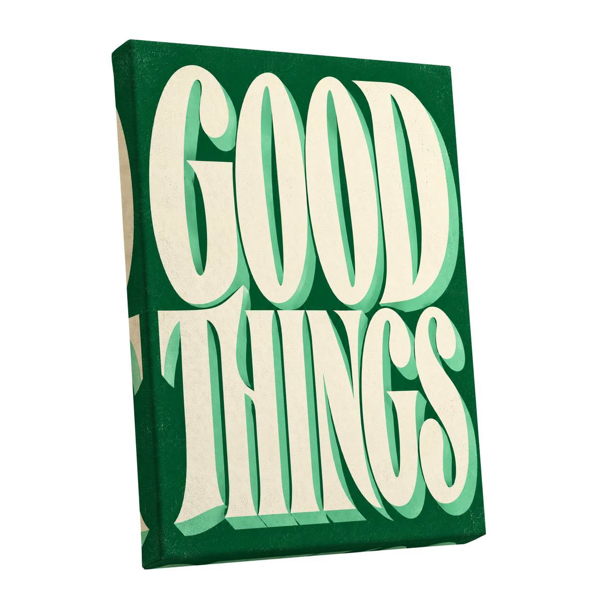 Good Things in Green, green, beige abstract wall art shown as a stretched canvas wall art