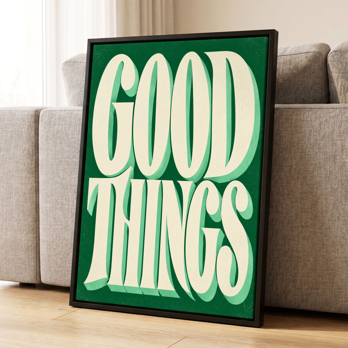 Good Things in Green, green, beige abstract wall art displayed in a styled interior, gallery view 1