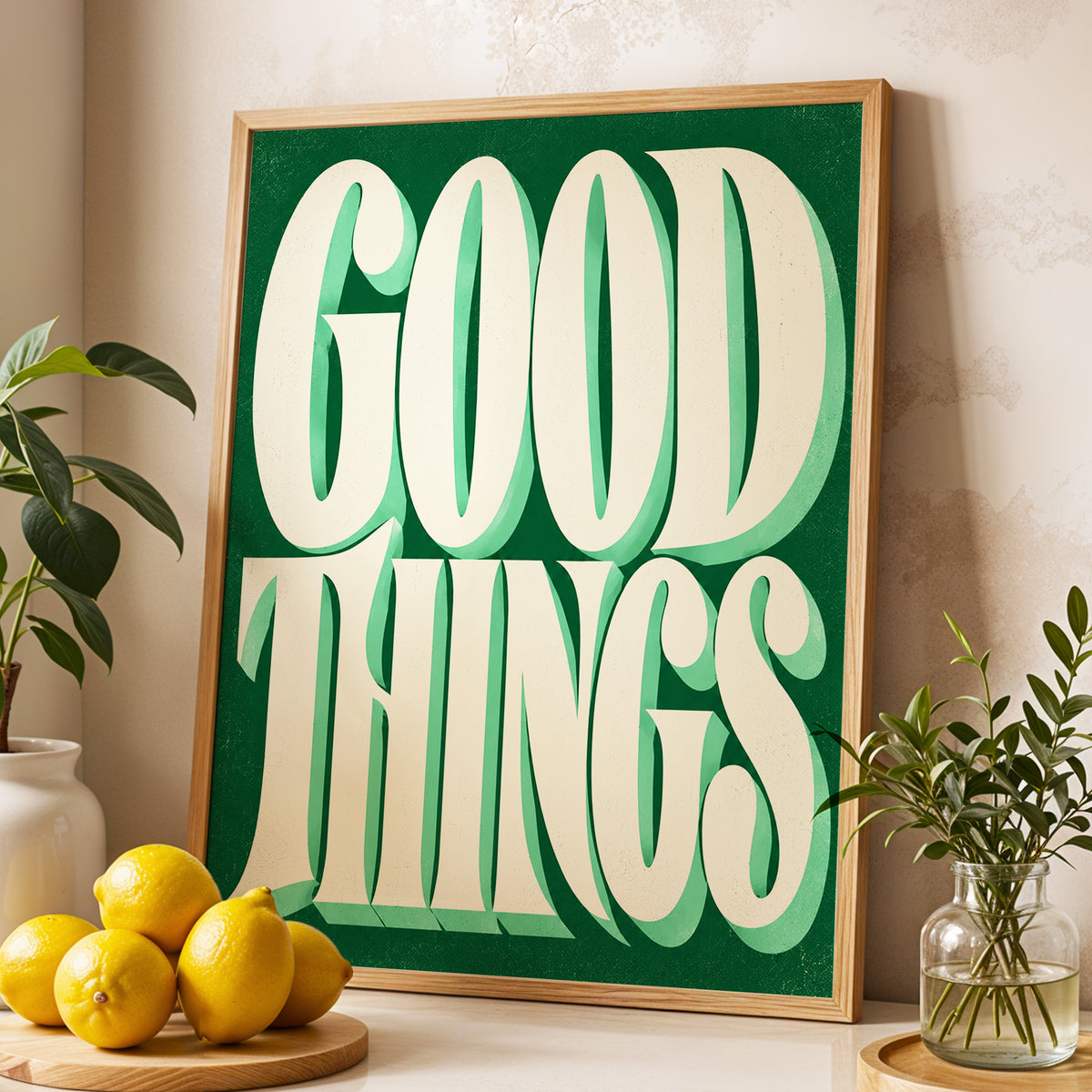 Good Things in Green, green, beige abstract wall art displayed in a styled interior, gallery view 2