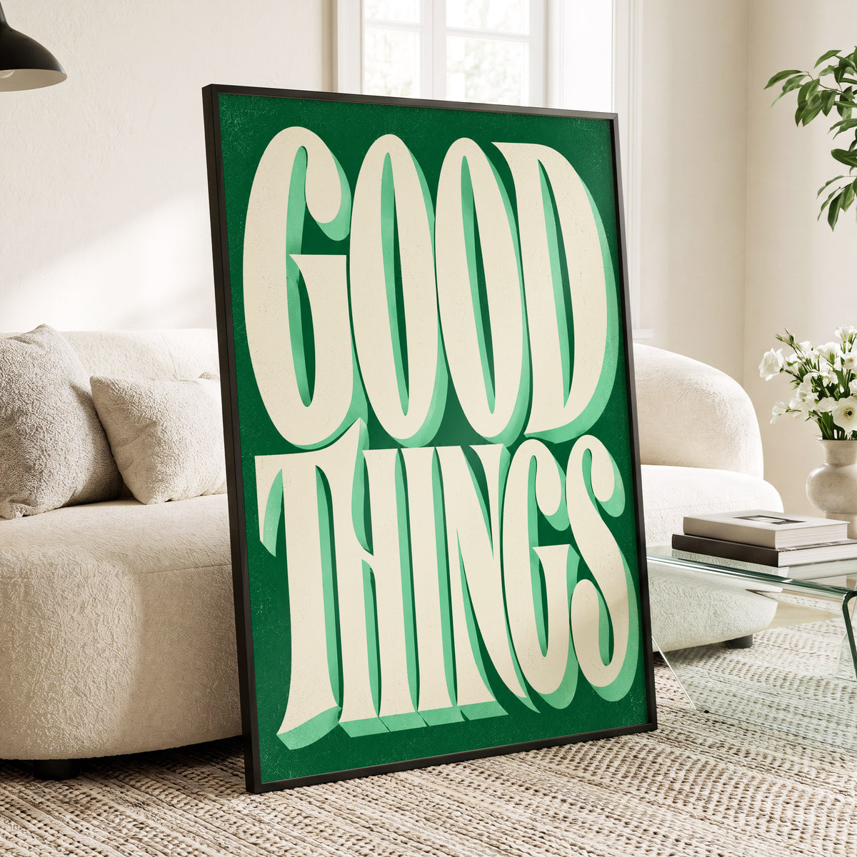 Good Things in Green, green, beige abstract wall art displayed in a styled interior, gallery view 3