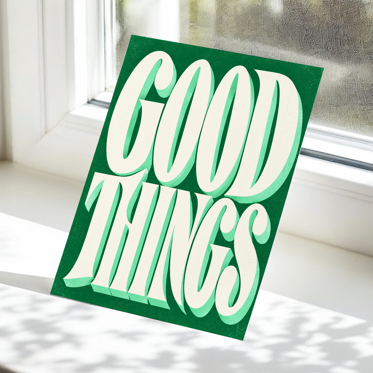 Good Things in Green, green, beige abstract wall art displayed in a styled interior, gallery view 4