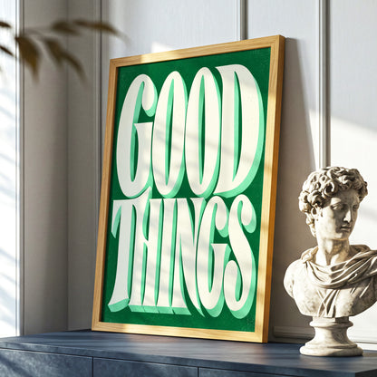 Good Things in Green, green, beige abstract wall art displayed in a styled interior, gallery view 5