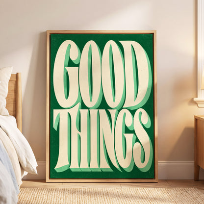 Good Things in Green, green, beige abstract wall art displayed in a styled interior, gallery view 6