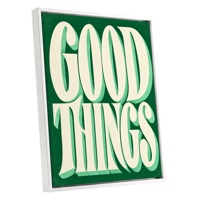 Good Things in Green, green, beige abstract wall art shown as a white framed canvas wall art