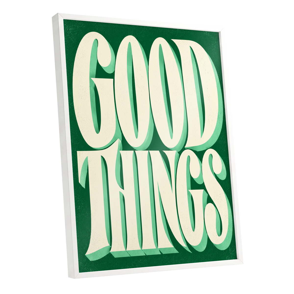 Good Things in Green, green, beige abstract wall art shown as a white framed poster wall art print