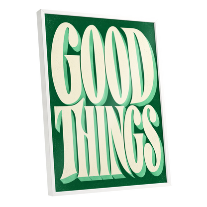 Good Things in Green, green, beige abstract wall art shown as a white framed poster wall art print