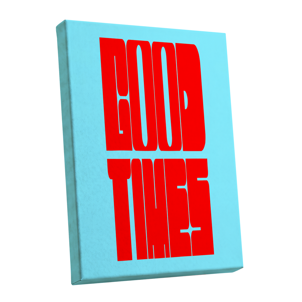 Good Times, Bold Type, red, blue minimalist wall art shown as a stretched canvas wall art