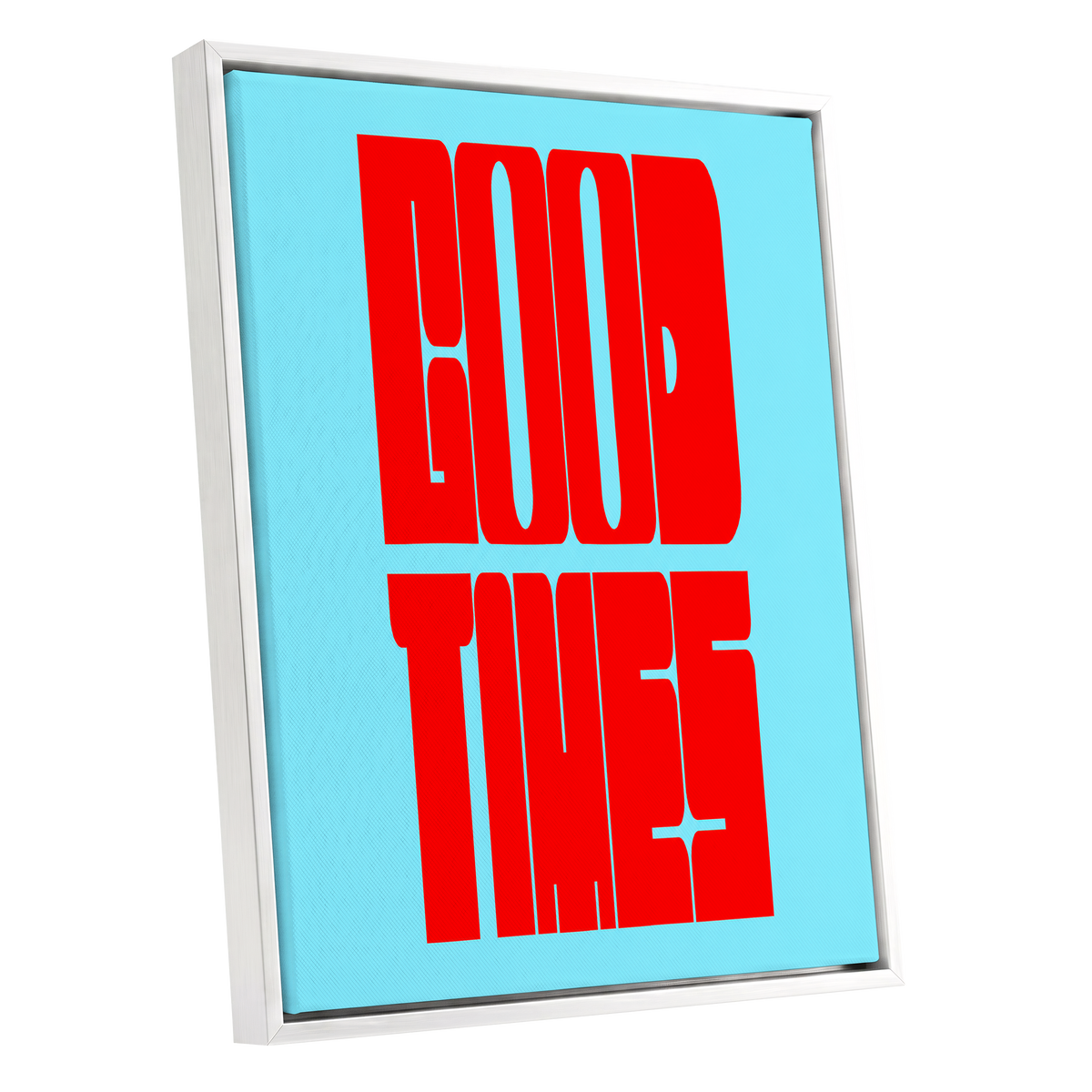 Good Times, Bold Type, red, blue minimalist wall art shown as a white framed canvas wall art