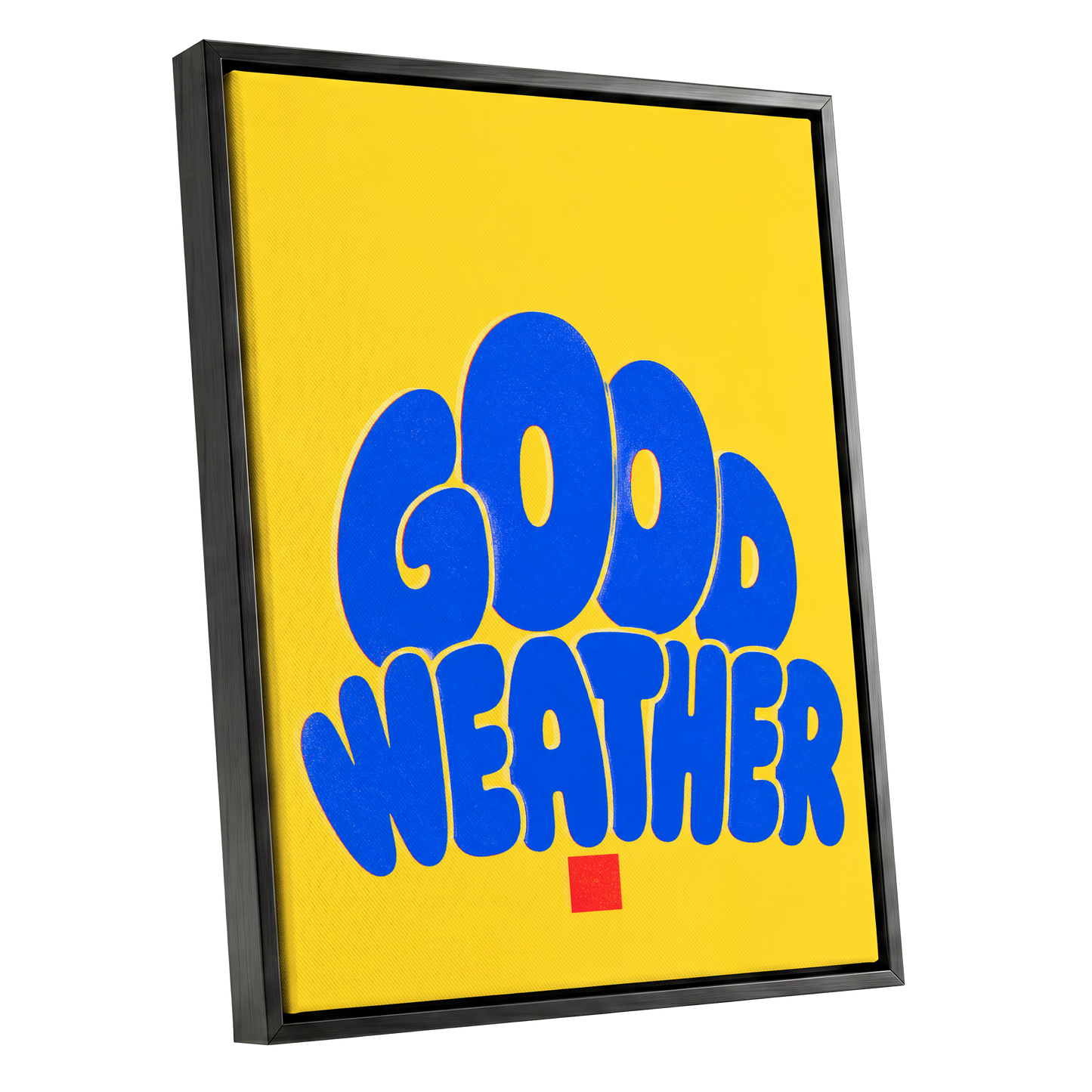 Good Weather Glow, blue, yellow, red minimalist wall art shown as a black framed canvas wall art