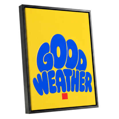 Good Weather Glow, blue, yellow, red minimalist wall art shown as a black framed canvas wall art