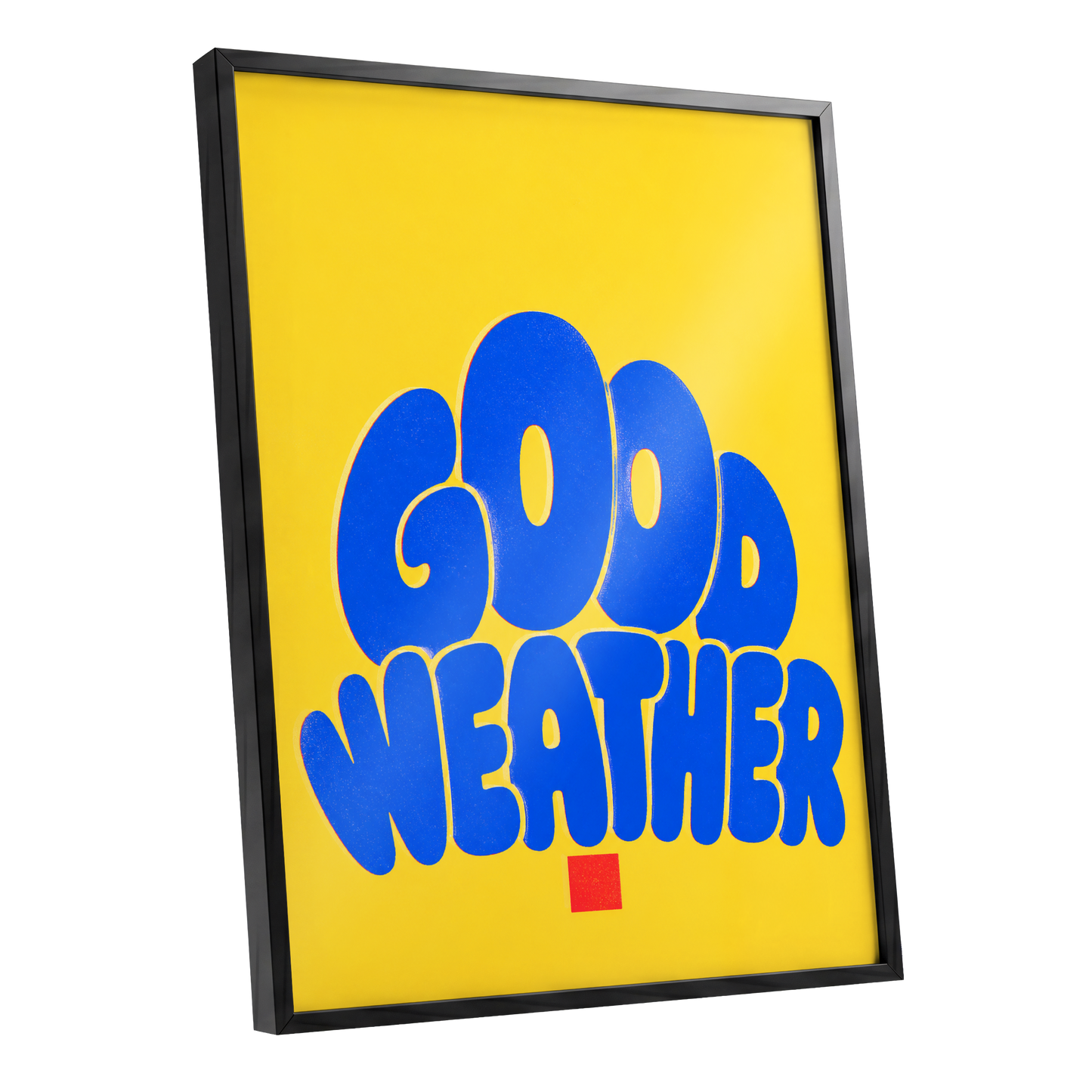 Good Weather Glow, blue, yellow, red minimalist wall art shown as a black framed poster wall art print