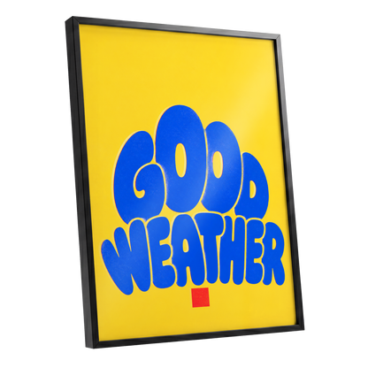 Good Weather Glow, blue, yellow, red minimalist wall art shown as a black framed poster wall art print
