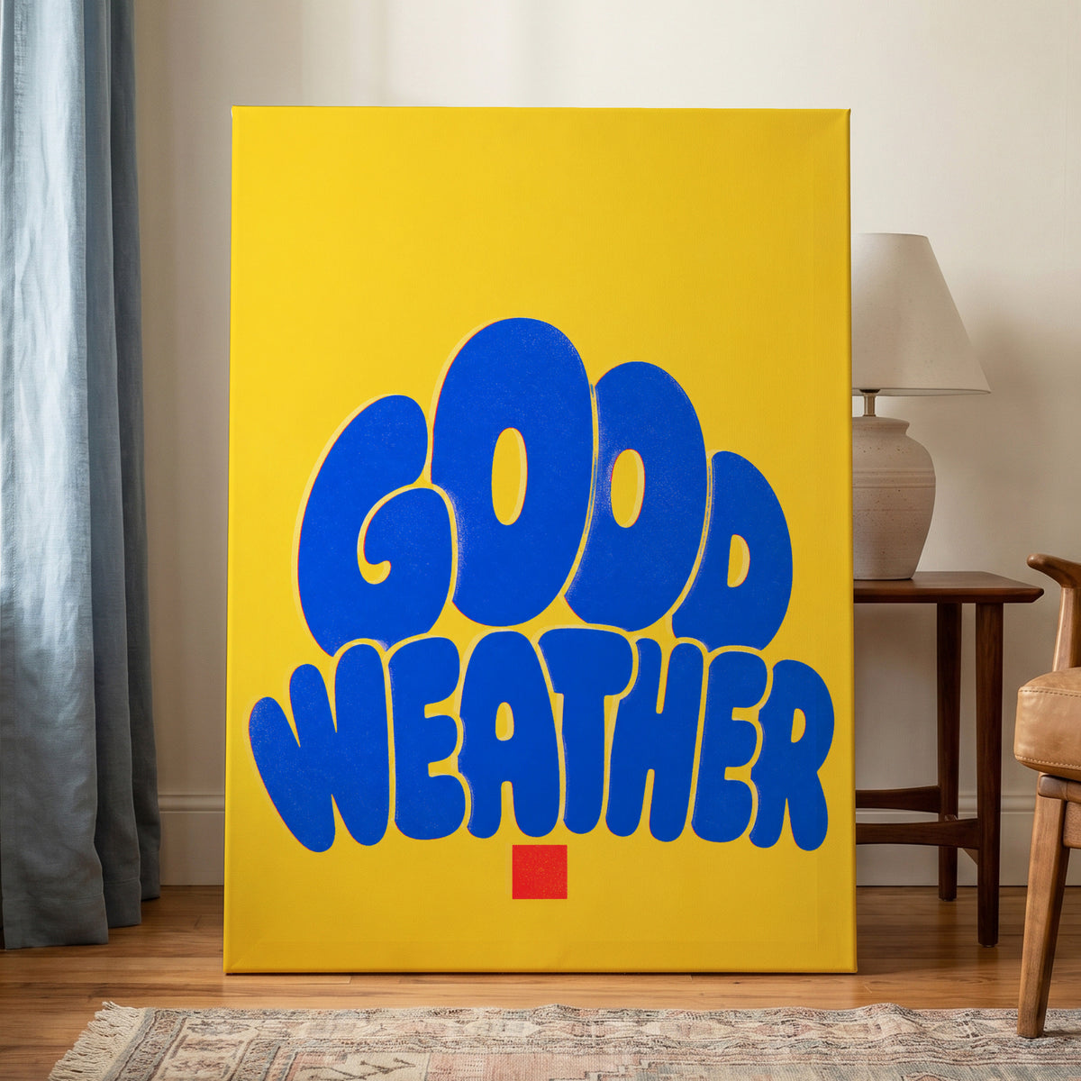 Good Weather Glow, blue, yellow, red minimalist wall art on canvas displayed in a styled interior, gallery view 1