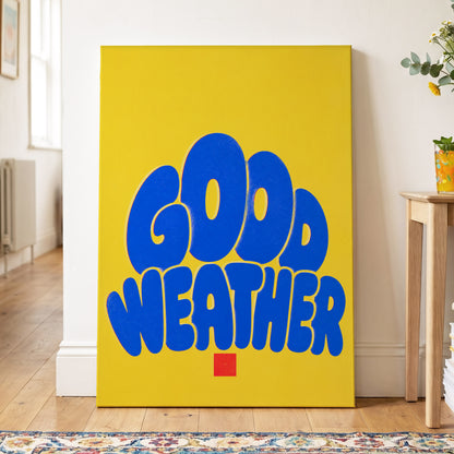 Good Weather Glow, blue, yellow, red minimalist wall art on canvas displayed in a styled interior, gallery view 2