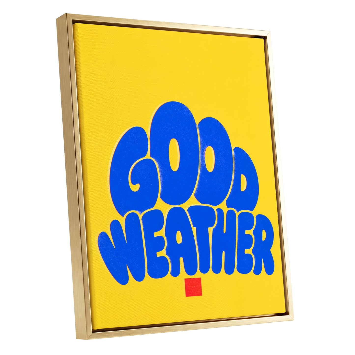 Good Weather Glow, blue, yellow, red minimalist wall art shown as a gold framed canvas wall art